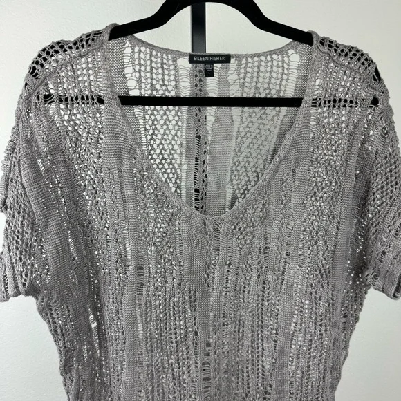 Eileen Fisher Crochet Linen Blend Short Sleeve Grey Popover Top, Sz L - Picture 2 of 8